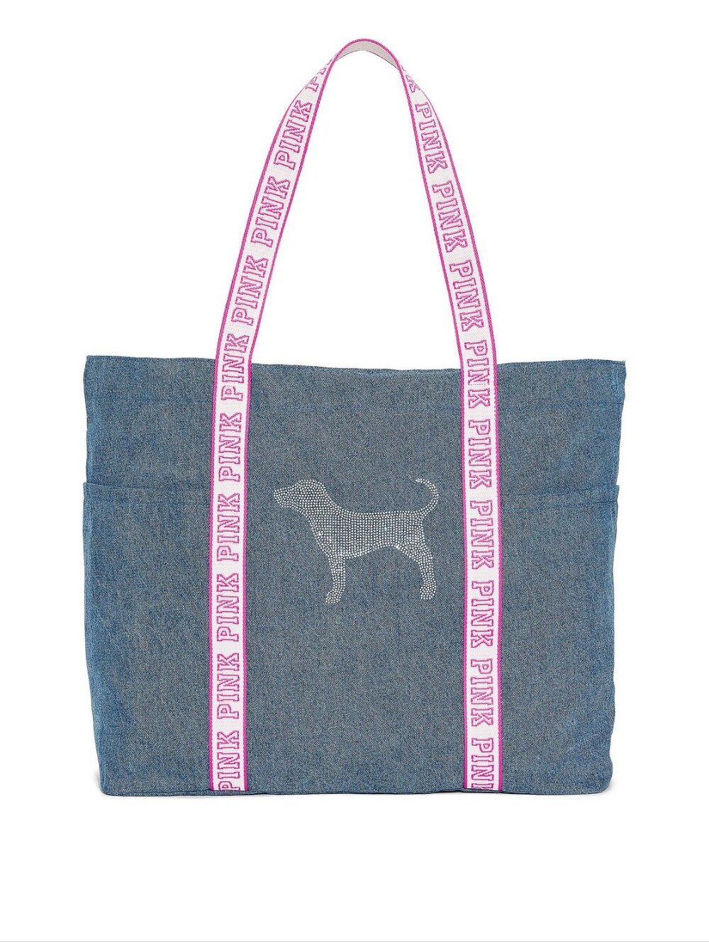 PINK Victoria's Secret Denim Tote Bag with Pink Logo Straps and Rhinestone Dog